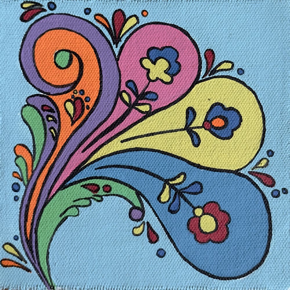 Floral swirl of teardrops and a spiral with small folk flowers on light blue